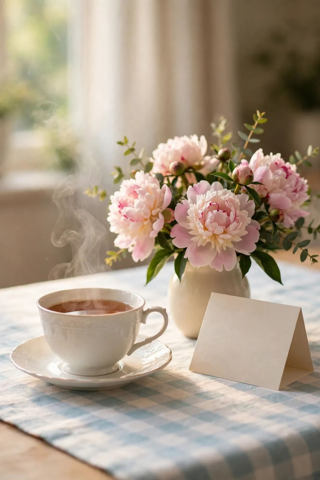 Teetasse mit Pfingstrosen zum Muttertag