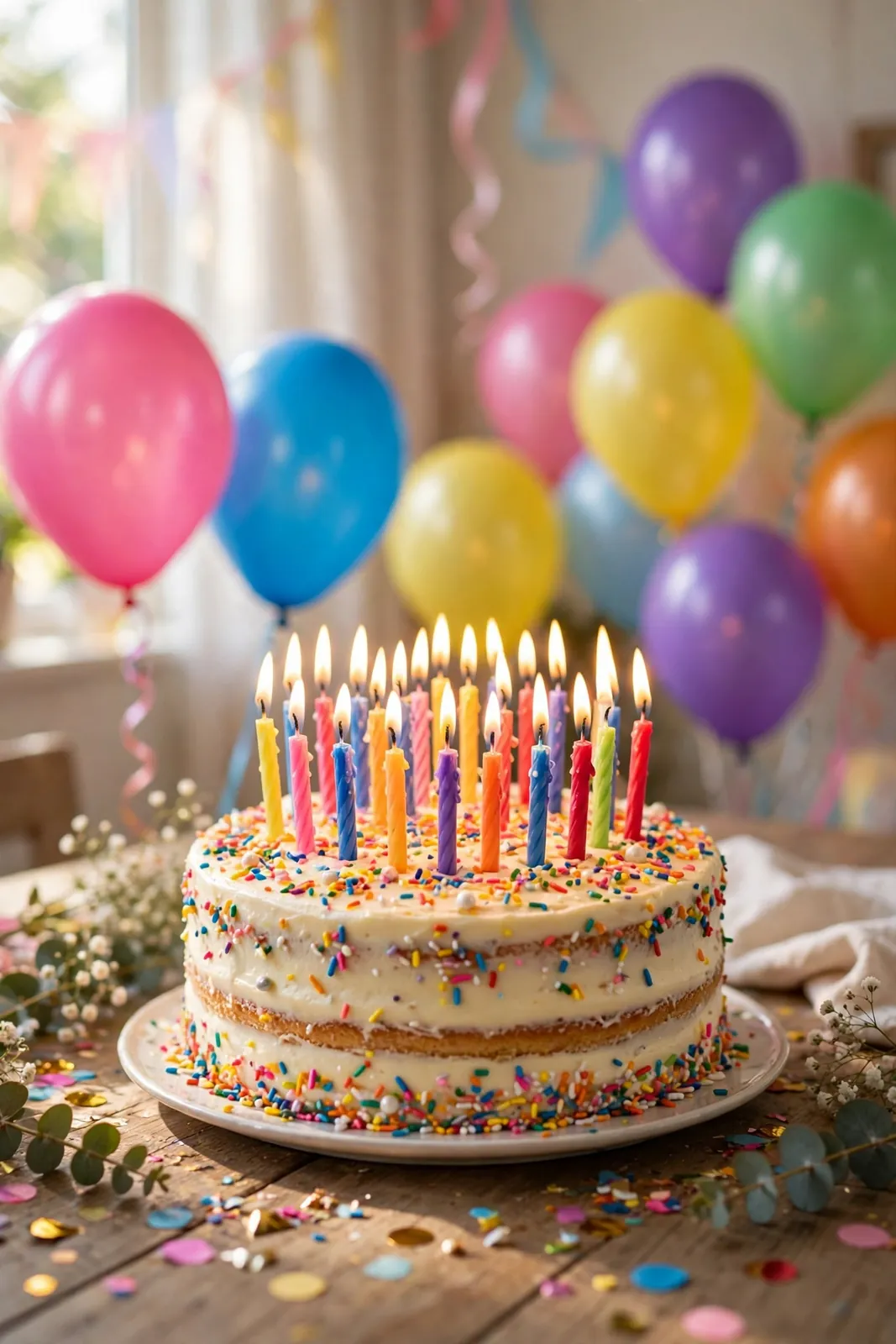 Geburtstagsbilder: festliche Geburtstagstorte mit bunten Luftballons und brennenden Kerzen zum Verschicken