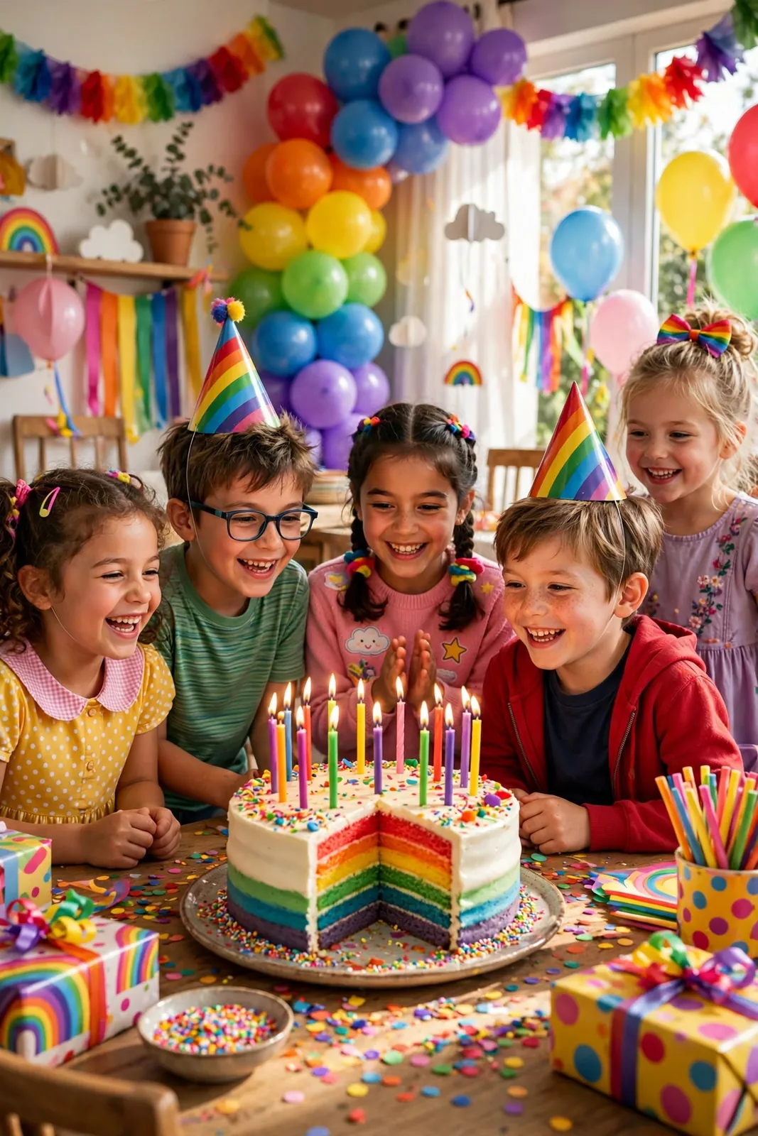 Geburtstagsbilder: fröhliche Kindergeburtstagsfeier mit bunten Luftballons und Regenbogendekoration