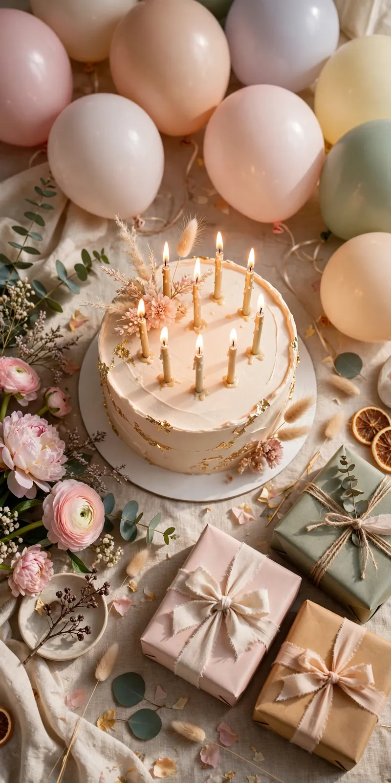 Geburtstagstorte mit Kerzen, Luftballons und Blumen zum Geburtstag