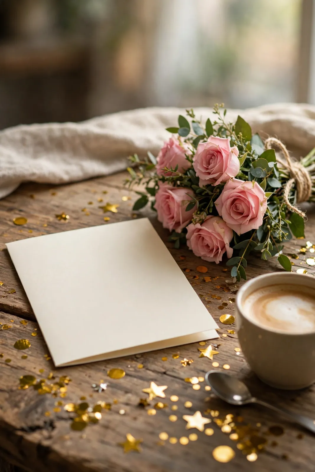 Geburtstagskarte mit Rosen und Kaffee auf einem Holztisch
