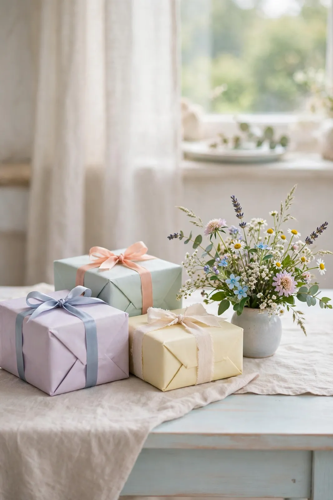 Liebevoll verpackte Geburtstagsgeschenke mit Schleifen und Blumen