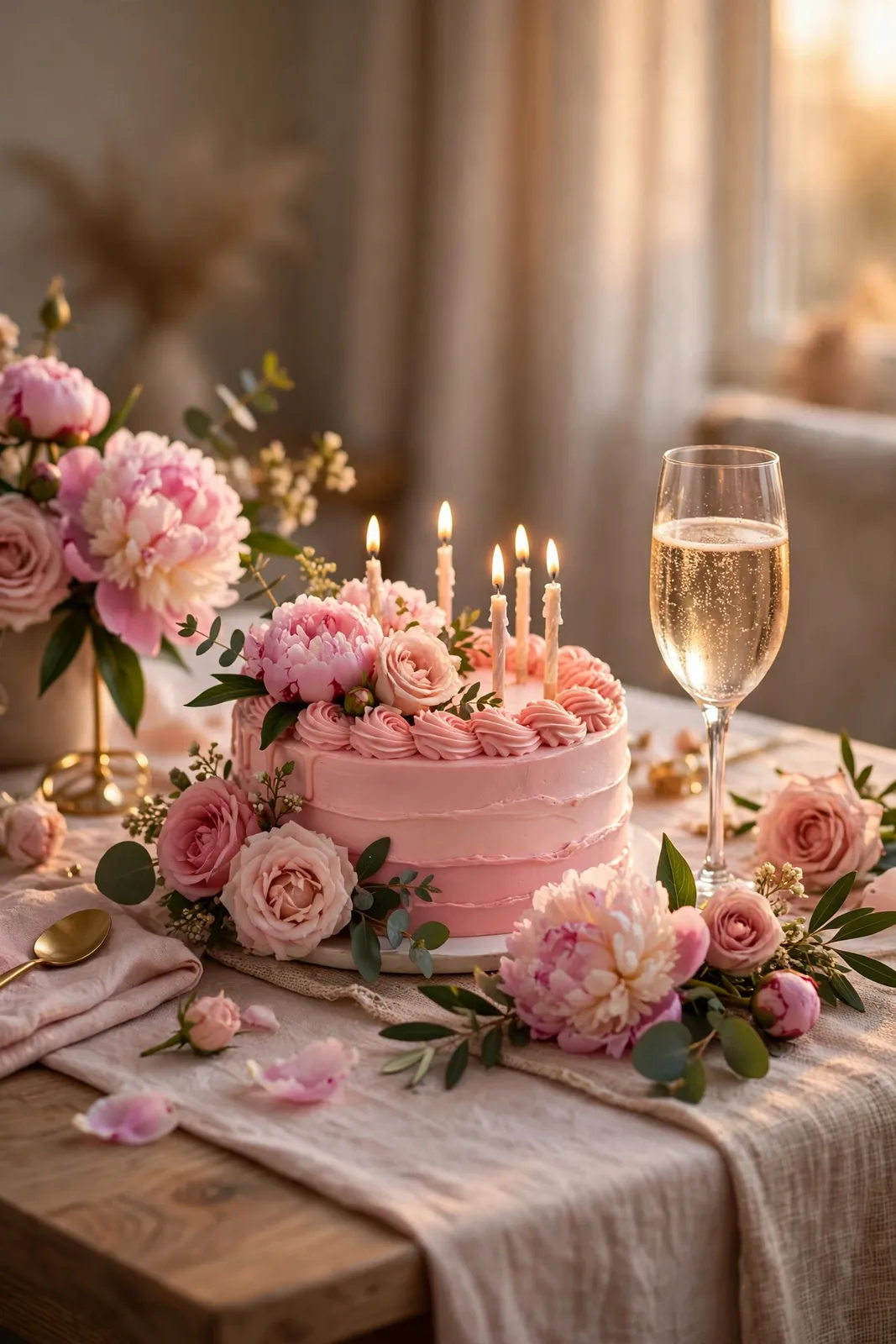 Geburtstagswünsche für Frauen: Rosa Geburtstagstorte mit Pfingstrosen und Sekt