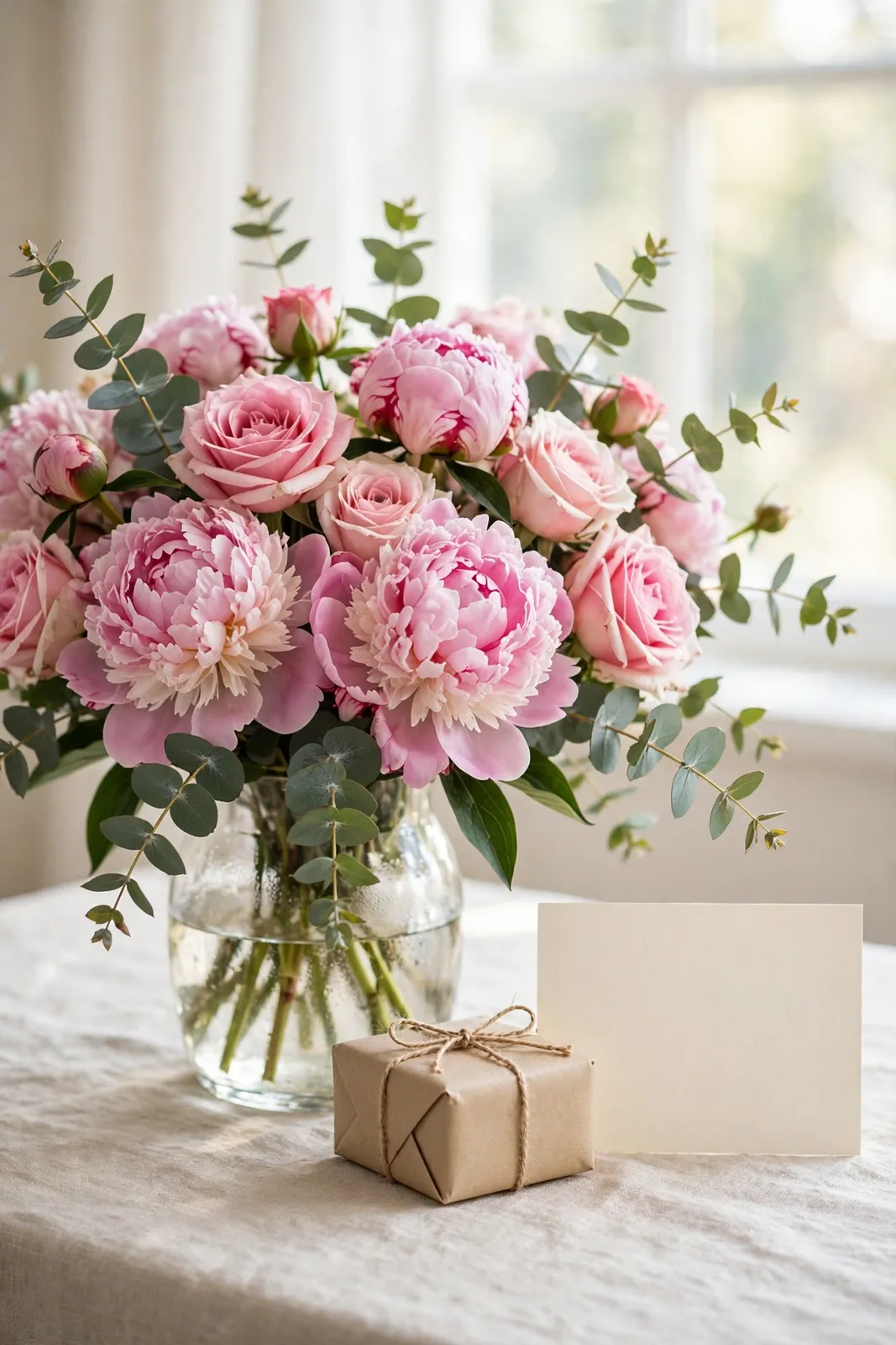 Blumenstrauß mit Pfingstrosen und Rosen zum Geburtstag für eine Frau