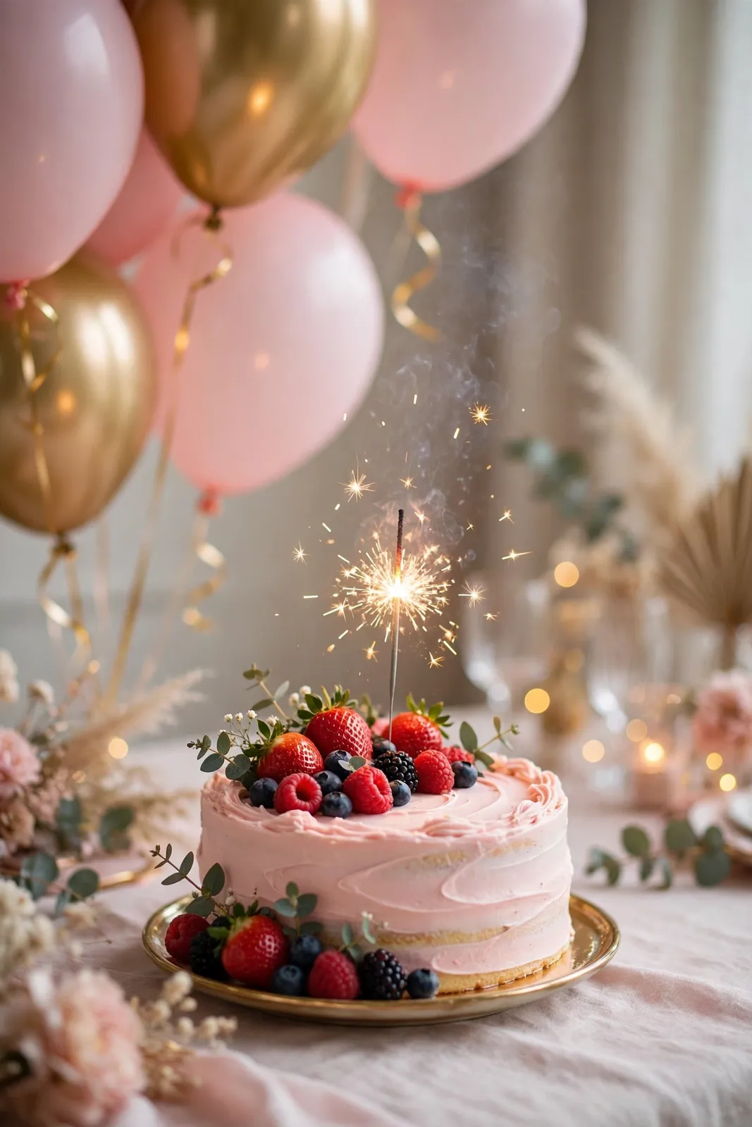Geburtstagstorte mit Beeren und Luftballons in Rosa und Gold