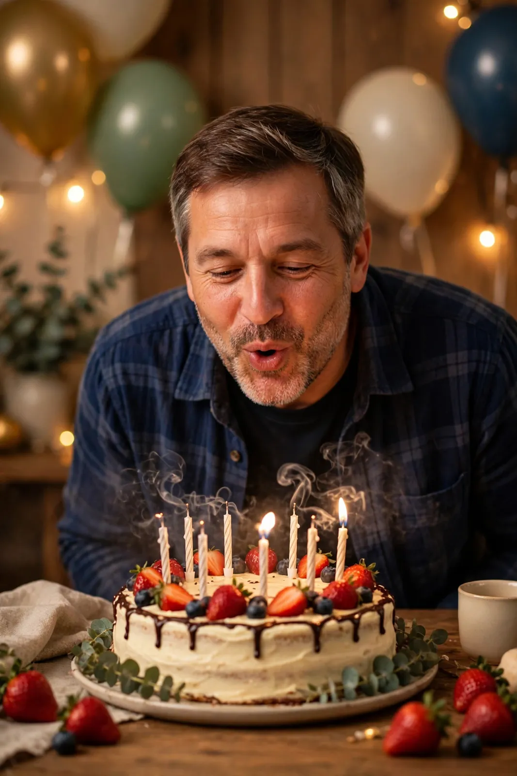 geburtstagswünsche für männer – Geburtstagstorte mit Kerzen und Luftballons zum Geburtstag eines Mannes