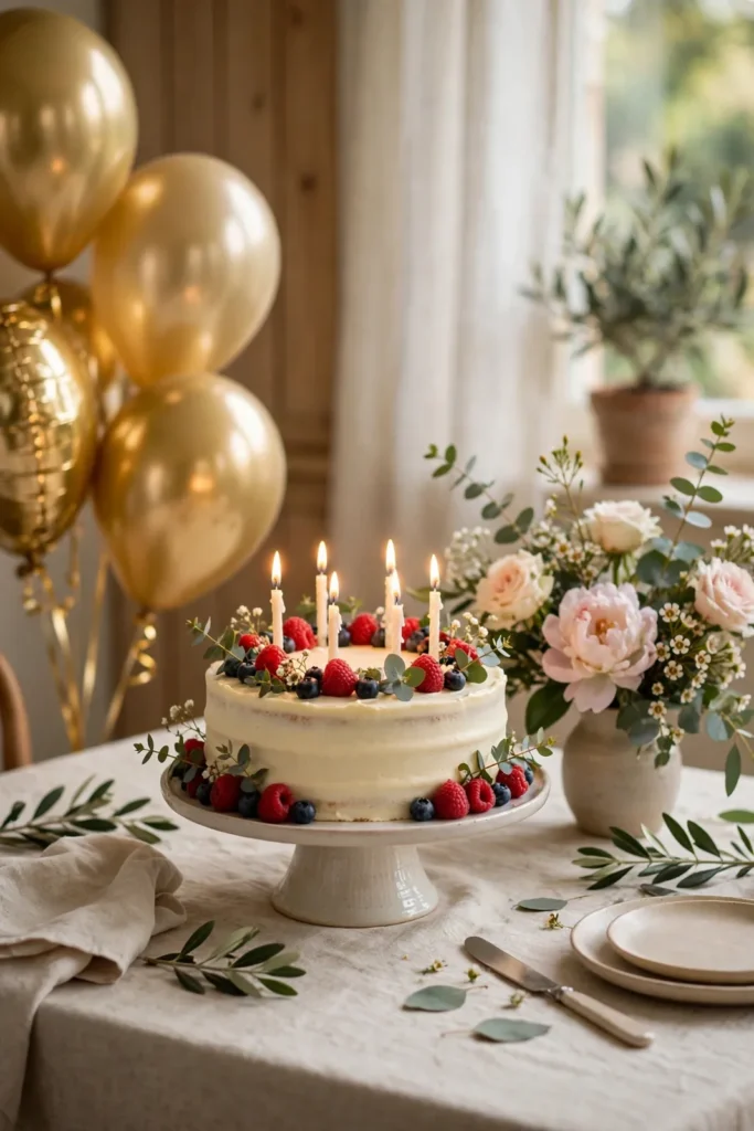 geburtstagswünsche zum 50 – goldene Luftballons, Kerzen und Blumen als Dekoration zum runden 50. Geburtstag