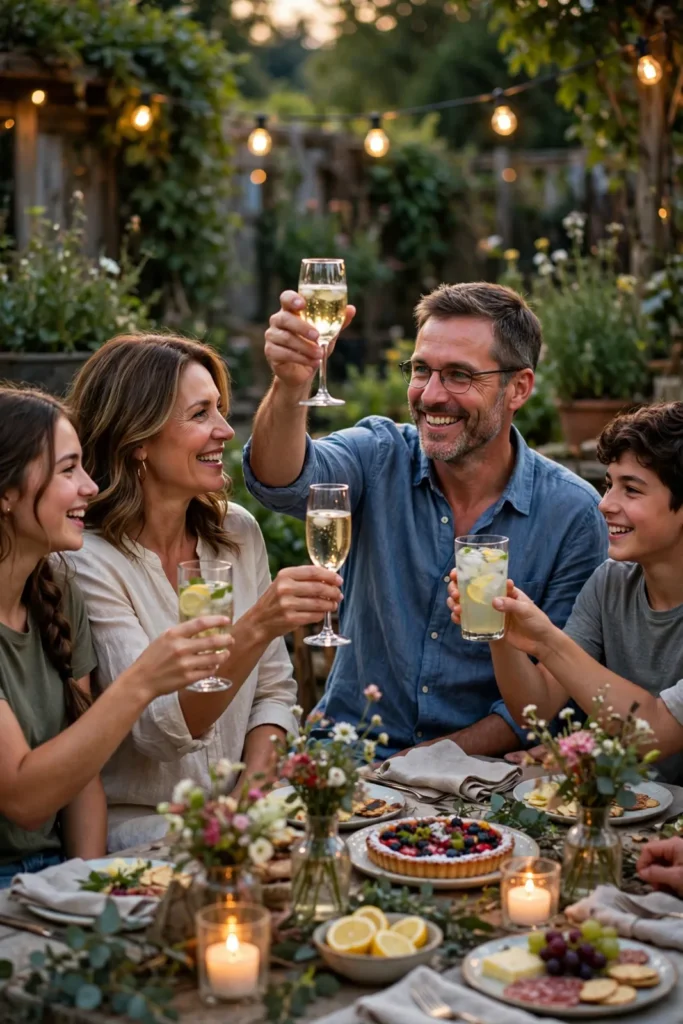 geburtstagswünsche zum 50 – Mann stößt mit Familie und Freunden im Garten auf seinen 50. Geburtstag an