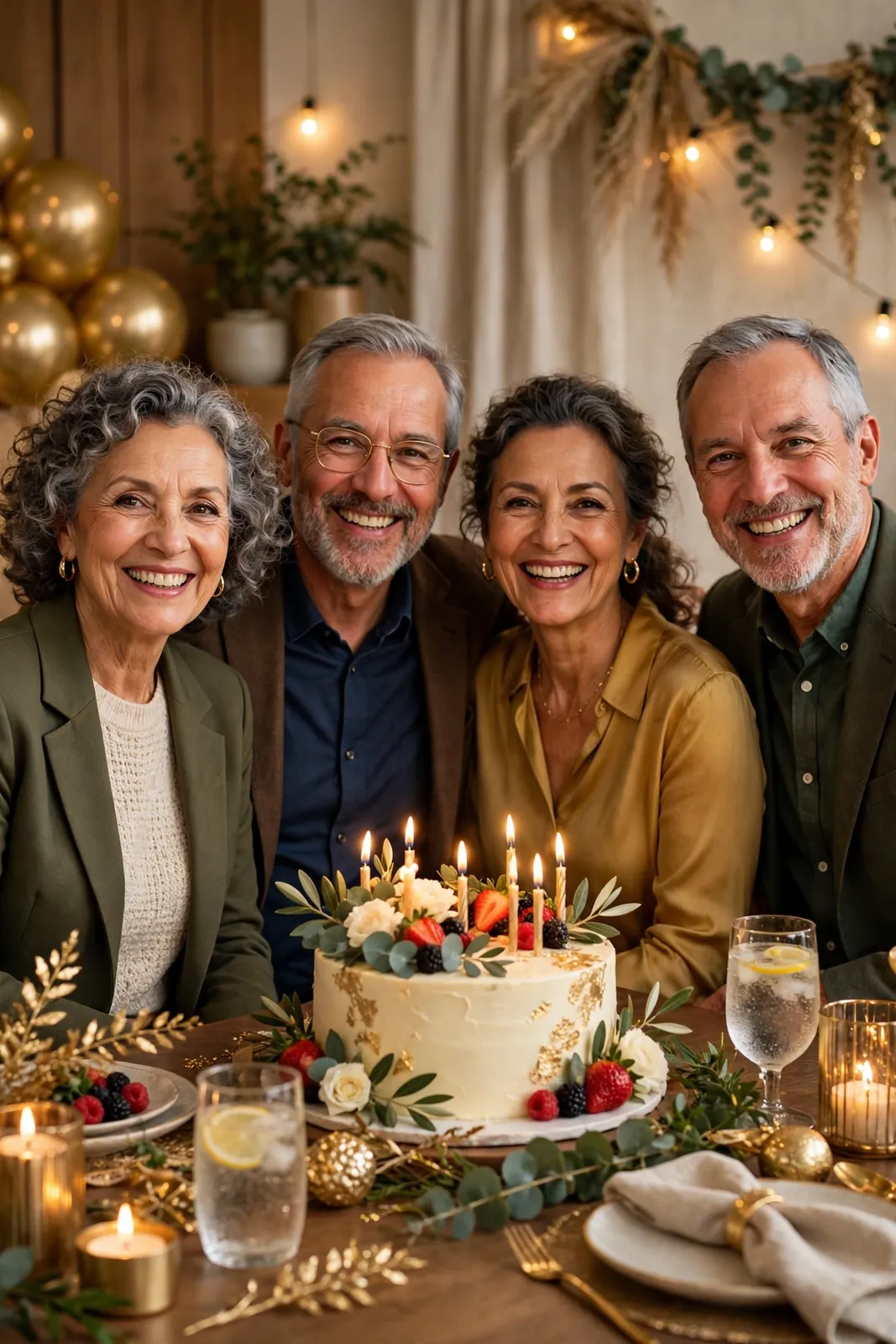 Geburtstagswünsche zum 60 – vier lächelnde Freunde feiern den 60. Geburtstag mit goldenen Luftballons