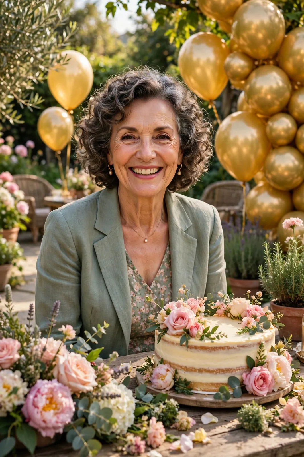 Geburtstagswünsche zum 60 – lächelnde Frau feiert ihren 60. Geburtstag im Garten mit goldenen Luftballons