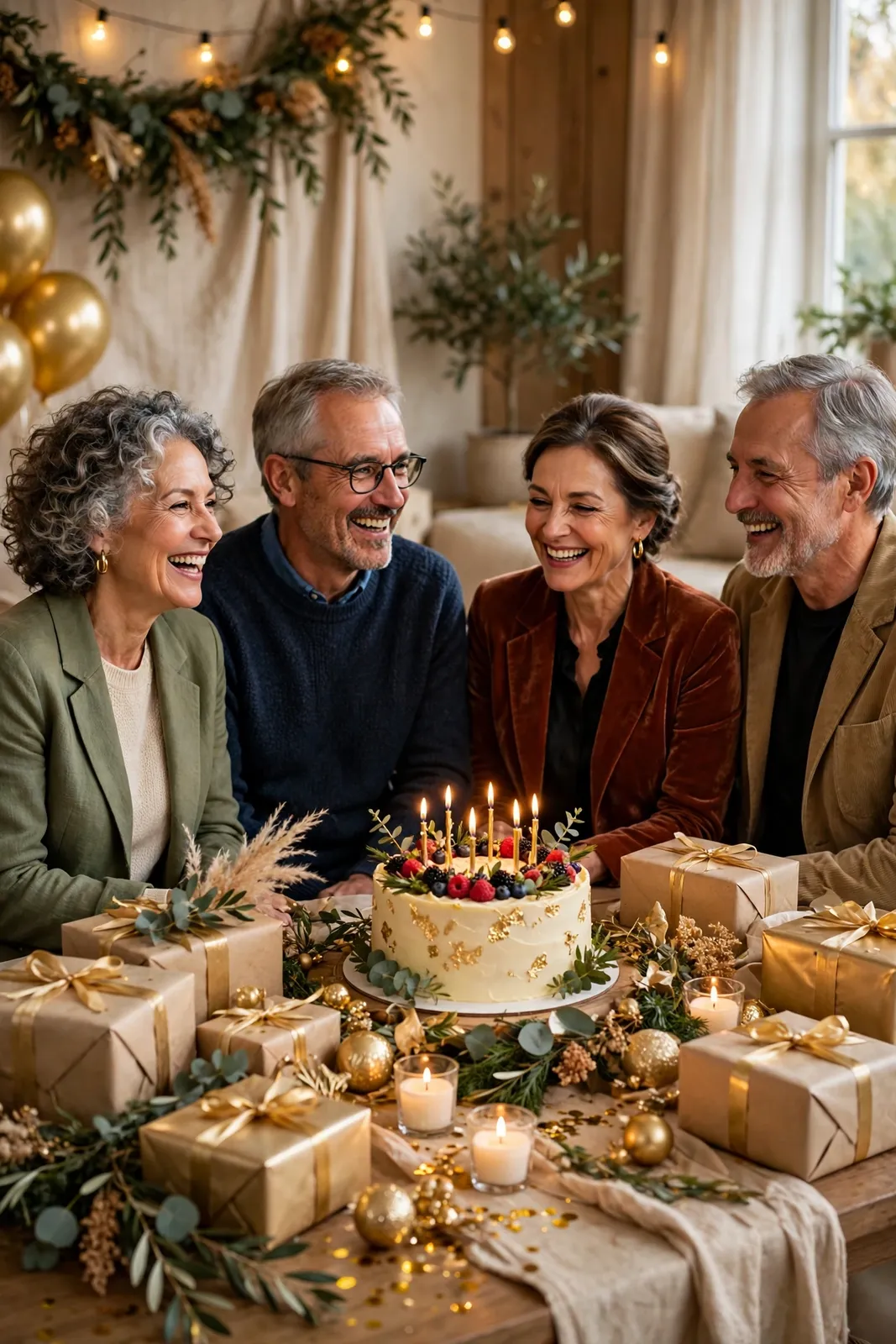 Geburtstagswünsche zum 60 – vier Freunde lachen gemeinsam bei einer festlichen Feier zum 60. Geburtstag
