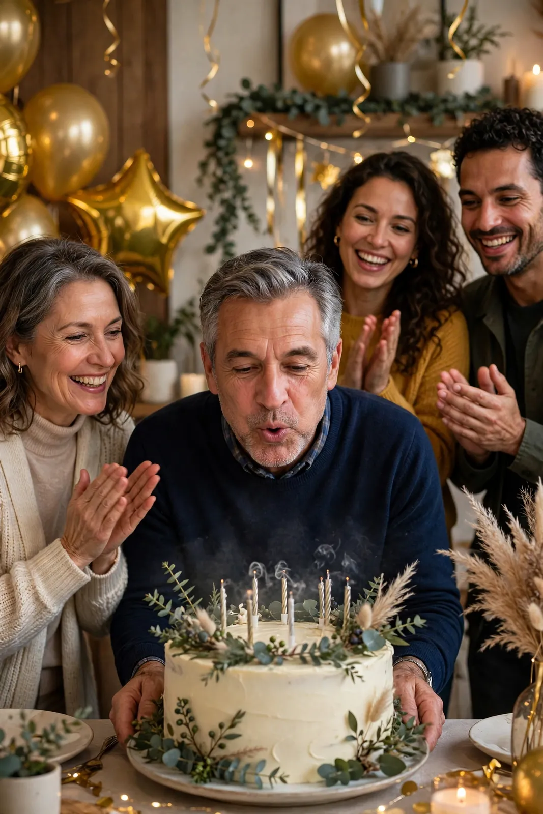 Geburtstagswünsche zum 60 – Gäste applaudieren bei einer festlichen Geburtstagsfeier zum 60. mit goldenen Luftballons