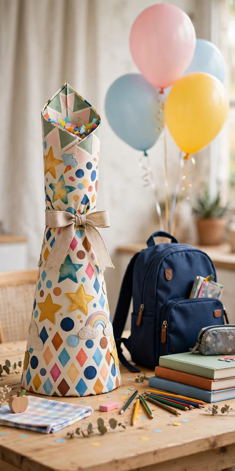 Glückwünsche zur Einschulung: Schultüte mit Ranzen und Luftballons