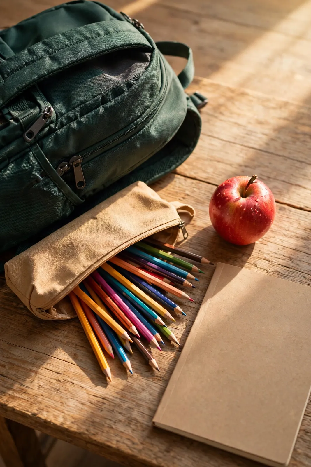 Schreibtisch mit Ranzen, Stiften und Apfel zum Schulstart