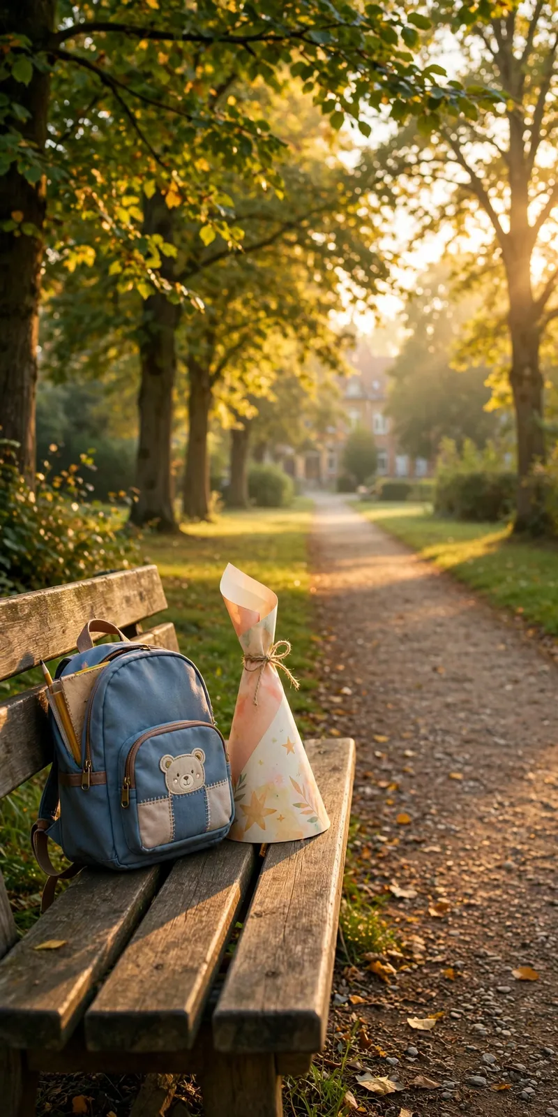 Schulranzen und Schultüte auf einer Bank am Schulweg
