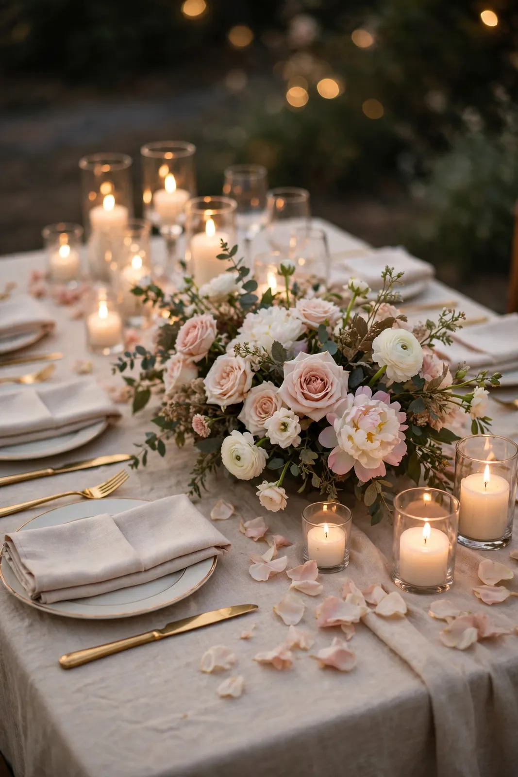 Hochzeitstisch mit Blumen, Kerzen und goldenem Besteck