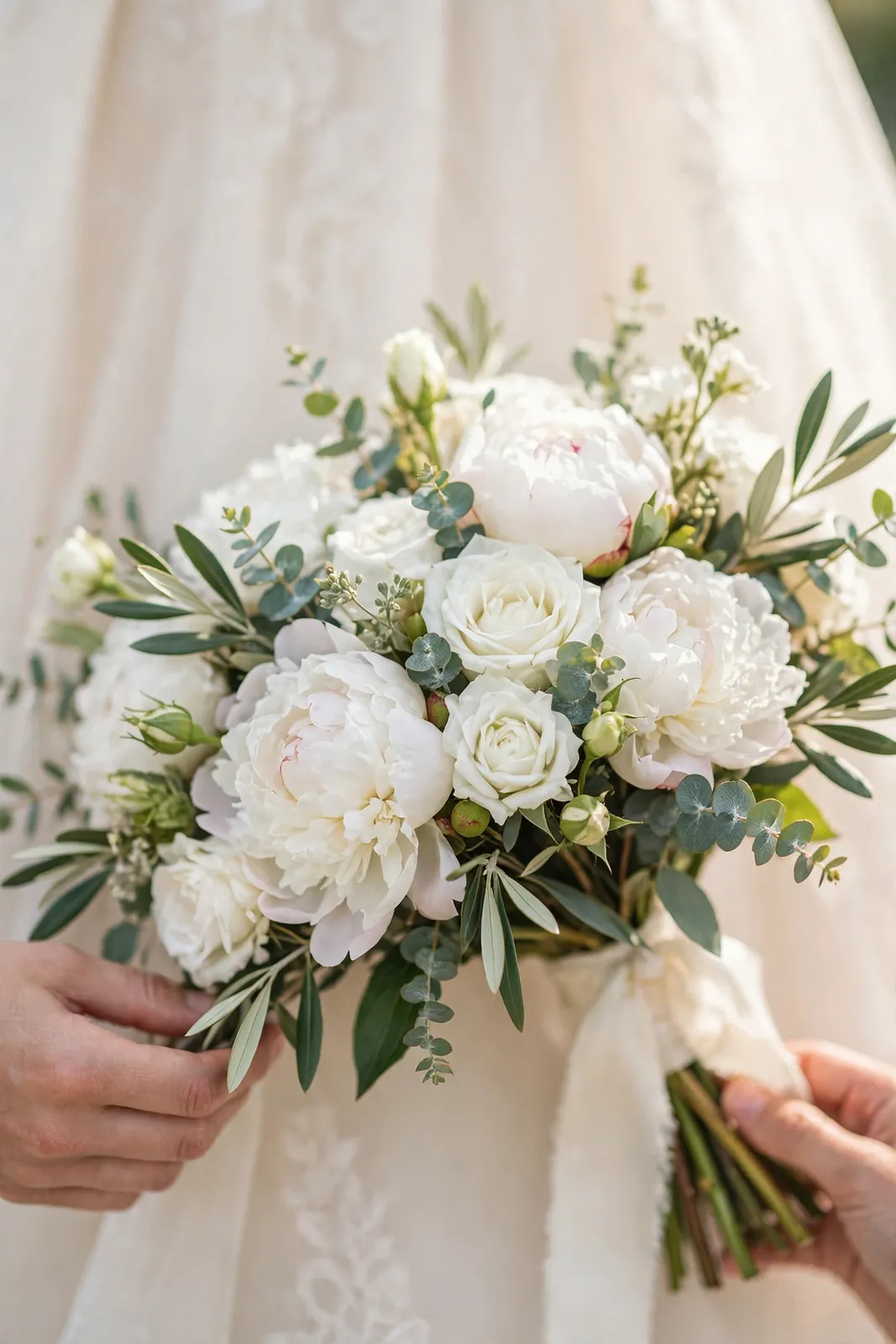 Brautstrauß aus weißen Pfingstrosen und Rosen zur Hochzeit