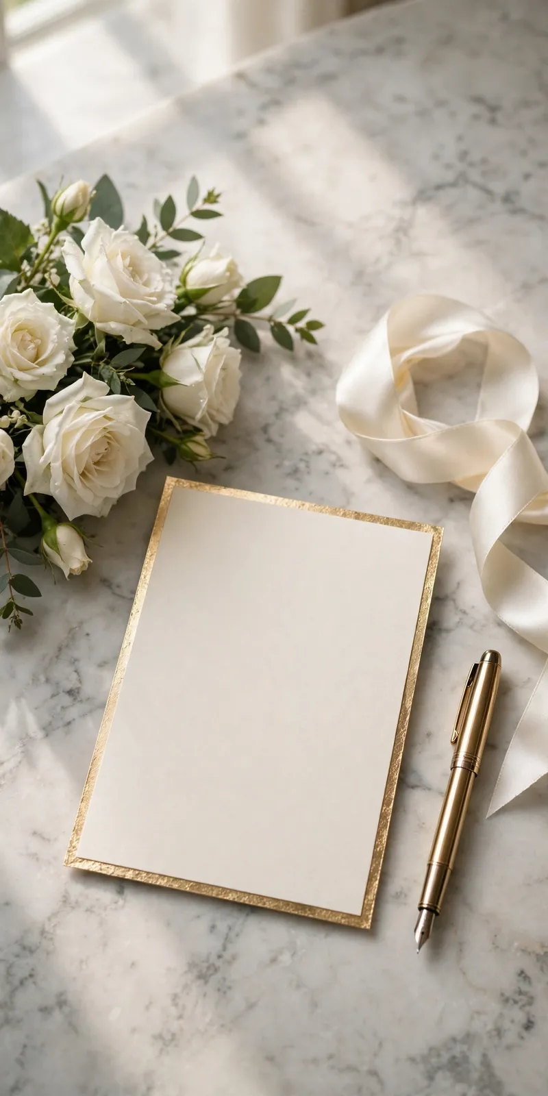 Hochzeitskarte mit Rosen und Füller auf Marmor