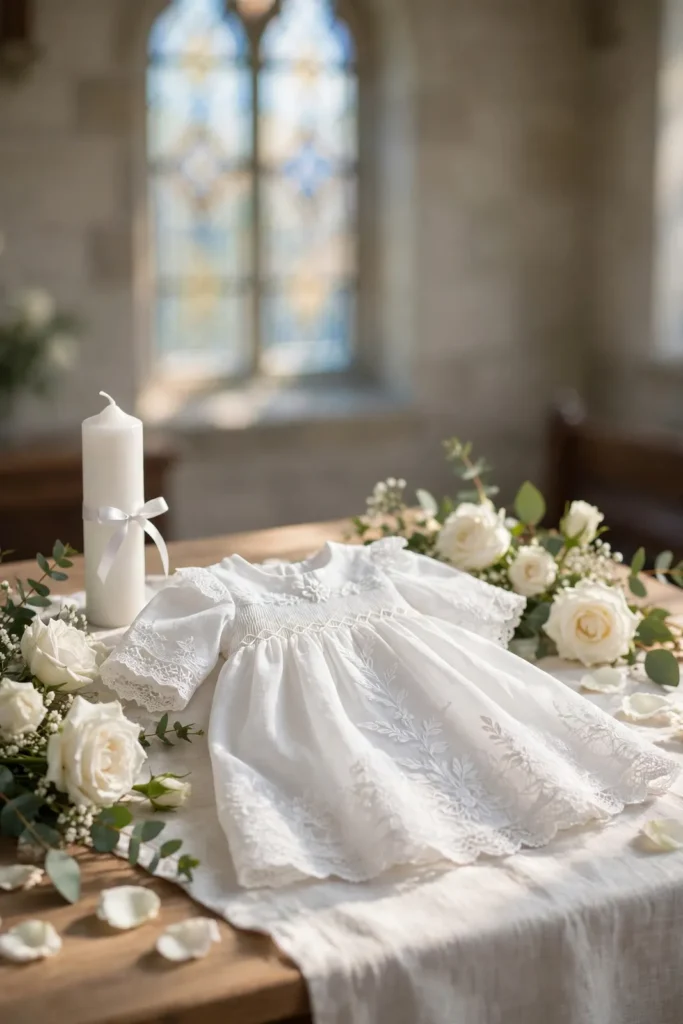 Glückwünsche zur Taufe: Taufkerze und Taufkleid mit Rosen