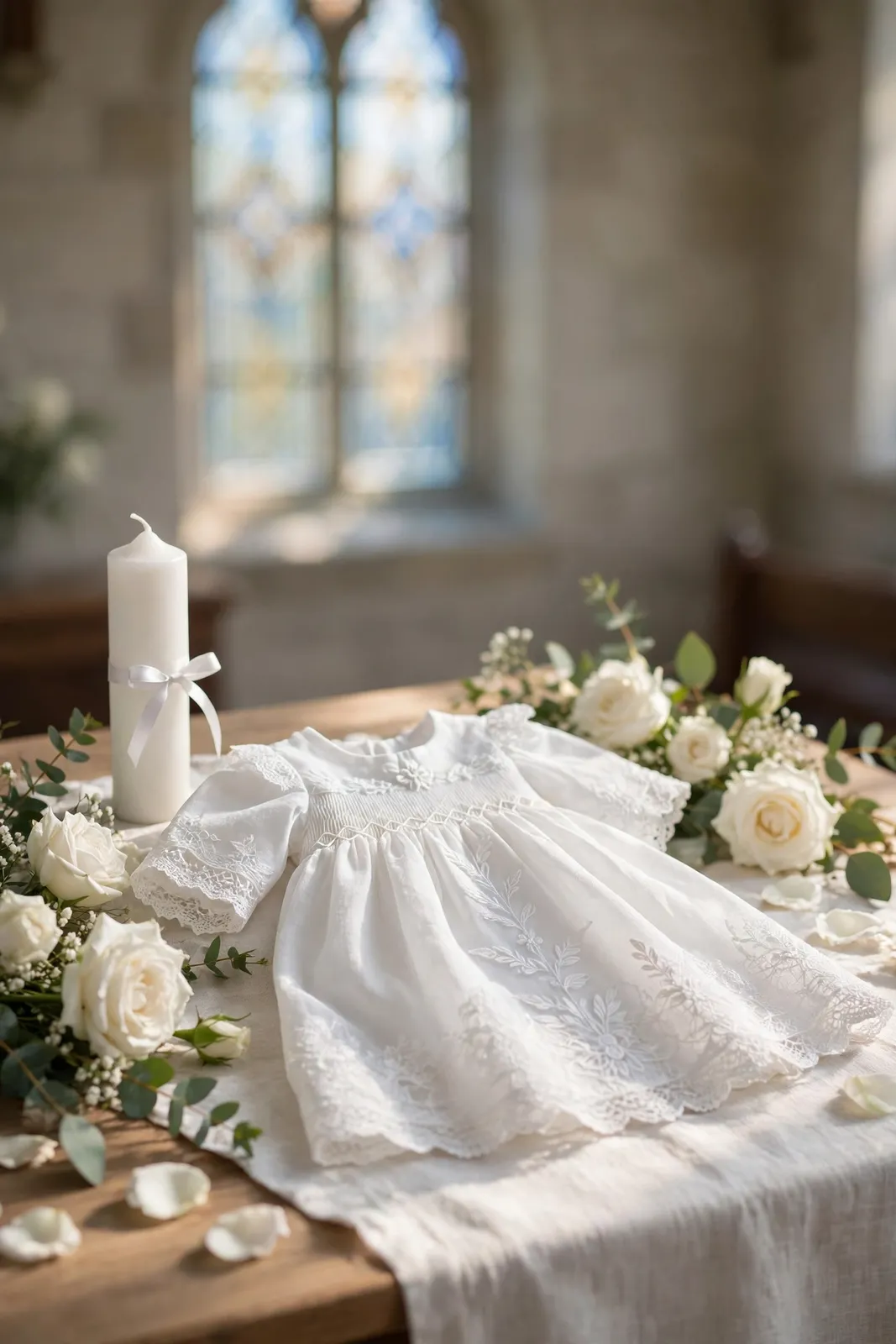 Glückwünsche zur Taufe: Taufkerze und Taufkleid mit Rosen