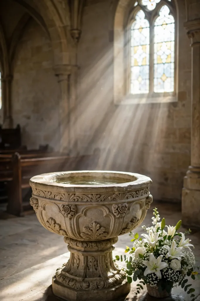 Taufbecken in einer hellen Kirche