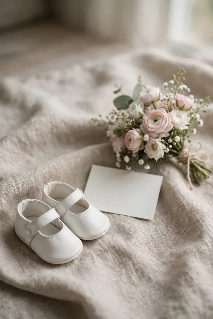Babyschuhe und Karte zur Taufe