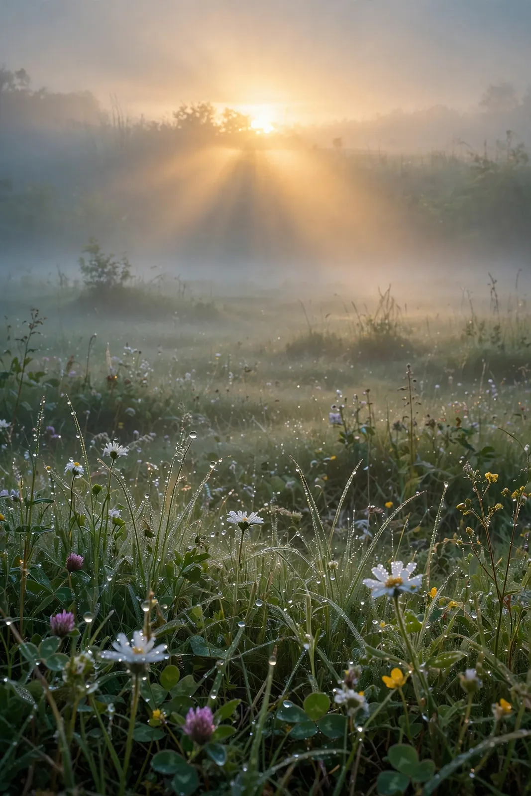 Guten Morgen Bild mit Sonnenaufgang über einer Wiese