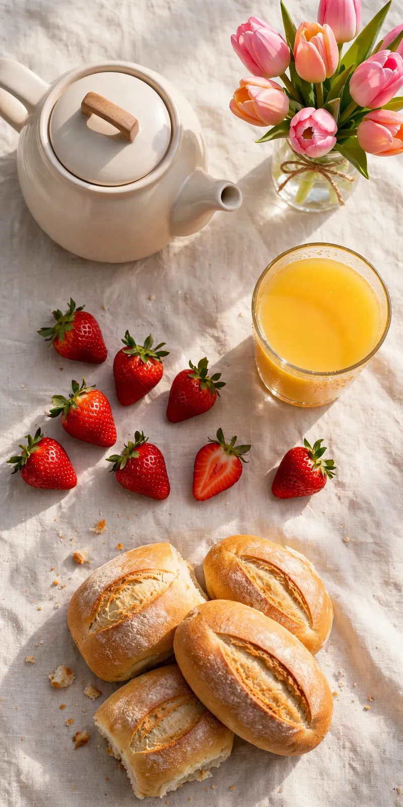 Guten Morgen Bilder zum Teilen: Frühstückstisch mit Saft und Tulpen