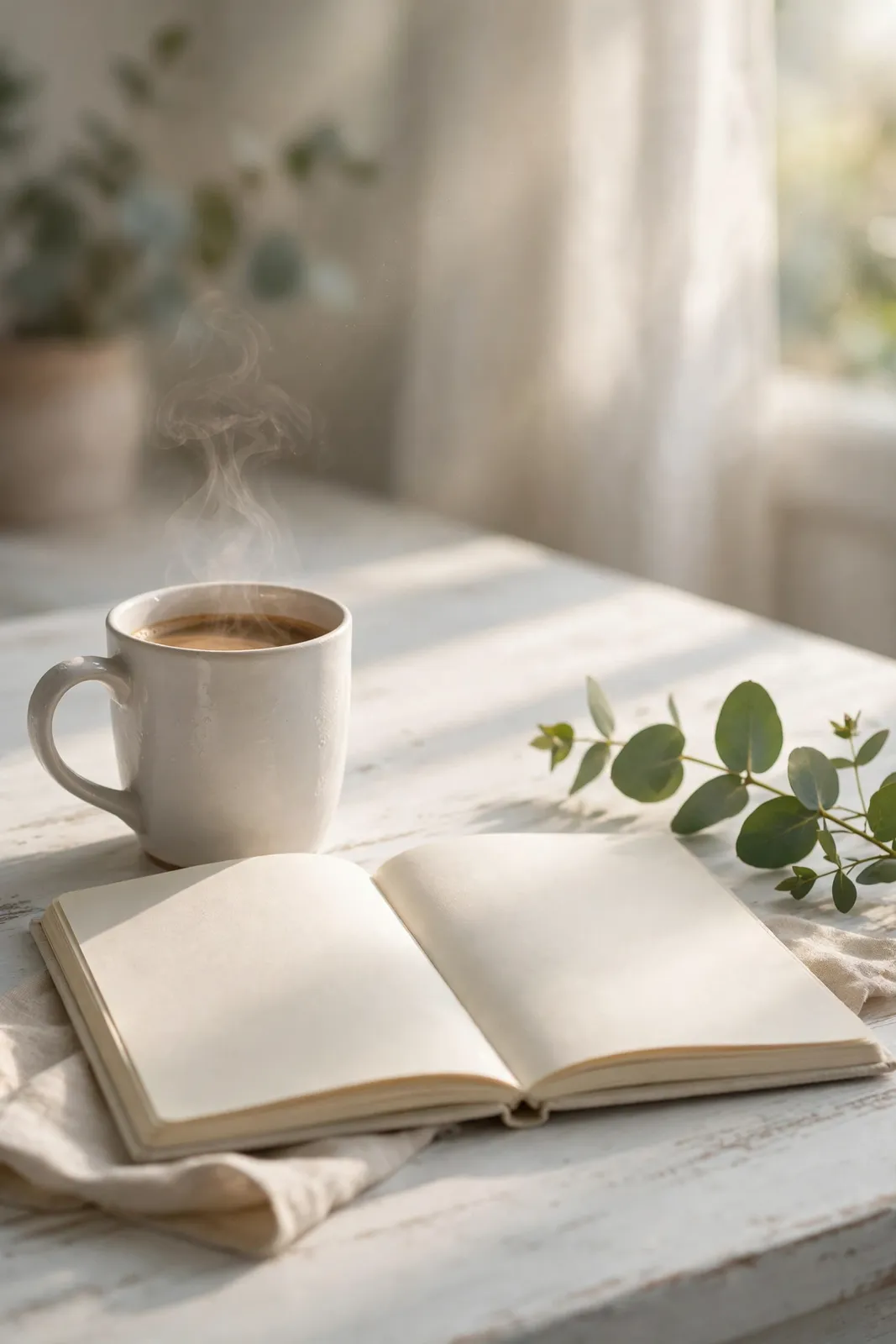 Guten Morgen Gruß mit Kaffee und Notizbuch im Morgenlicht