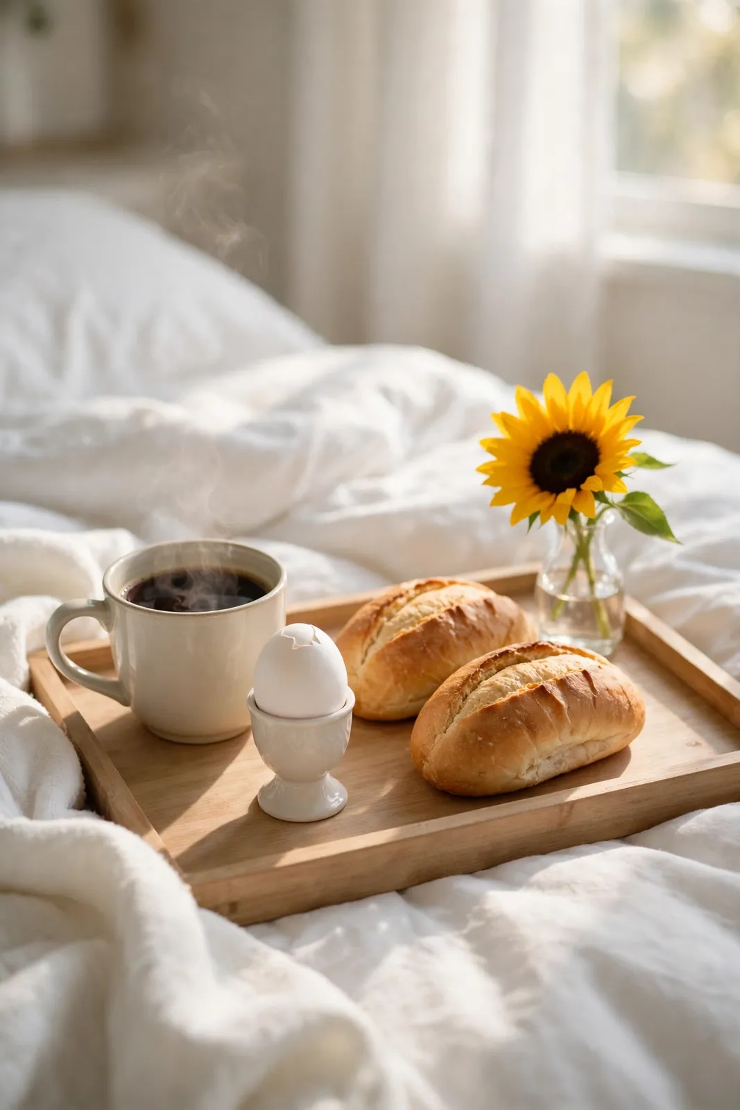 Guten Morgen Grüße zum Verschicken: Frühstück im Bett mit Sonnenblume
