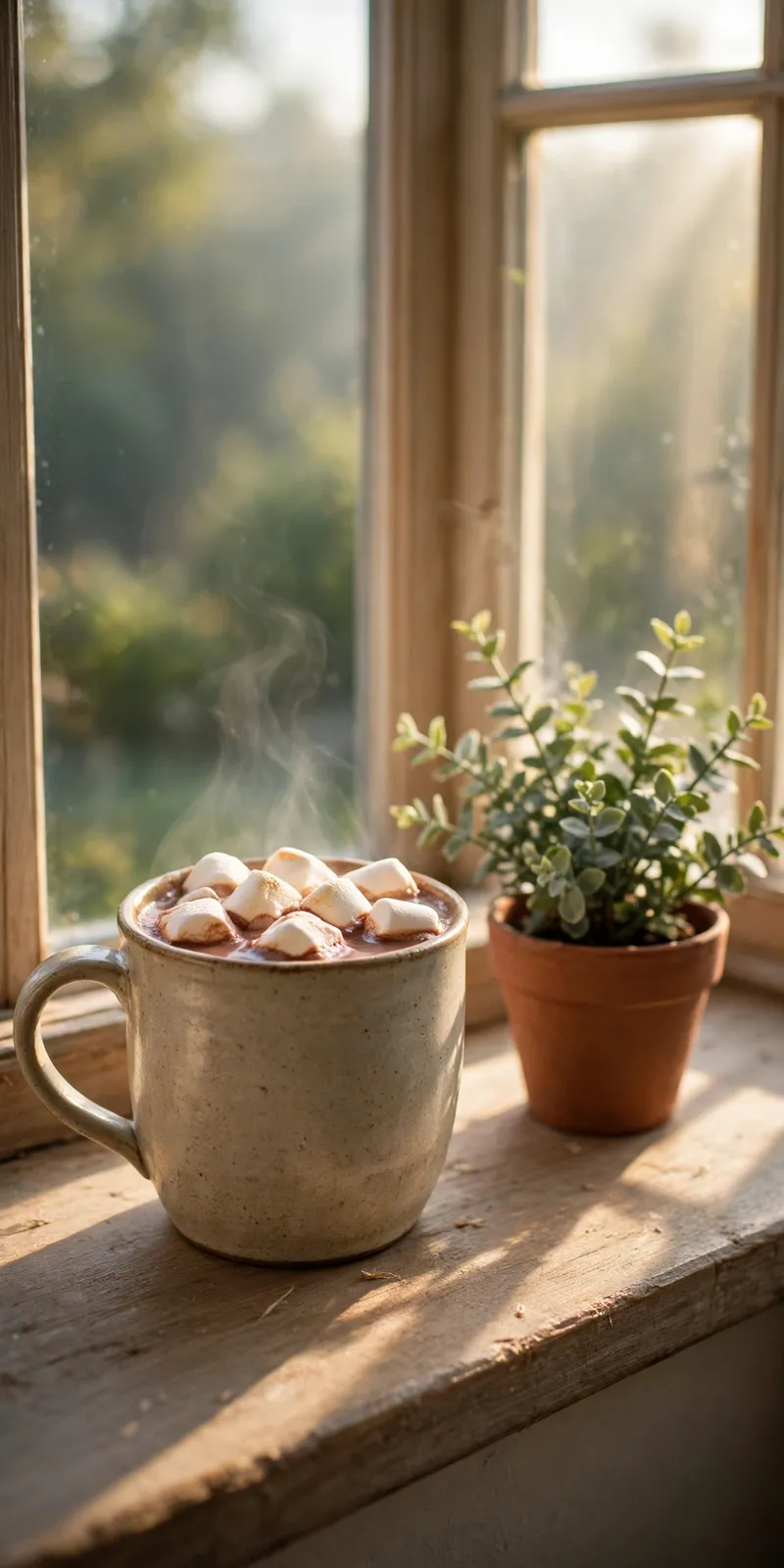 Guten Morgen Bild: Kakao und Pflanze im Morgenlicht am Fenster