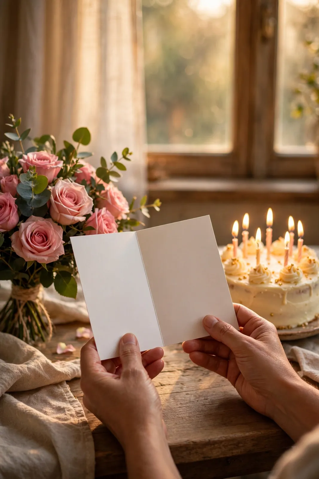 Herzliche Geburtstagswünsche – Geburtstagskarte mit rosa Rosen und brennenden Kerzen am Fenster
