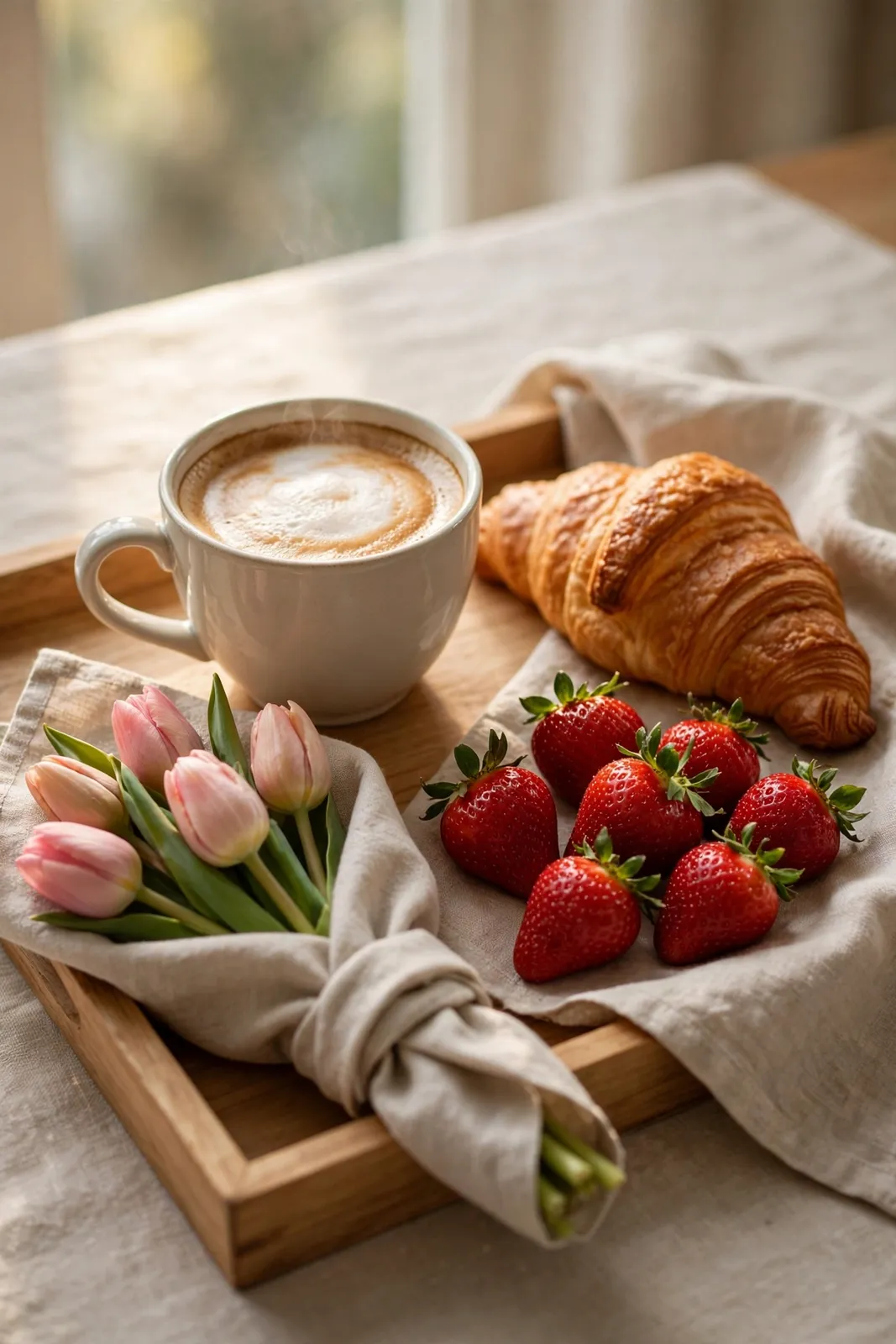 Frühstückstablett mit Tulpen zum Muttertag