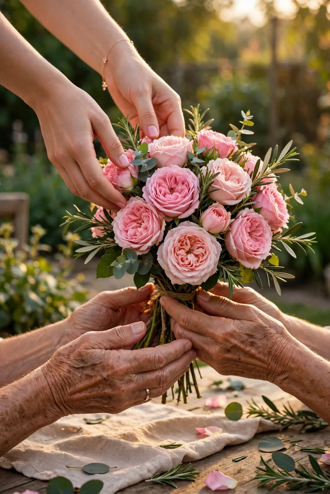 Muttertag Sprüche: Hände überreichen einen Rosenstrauß