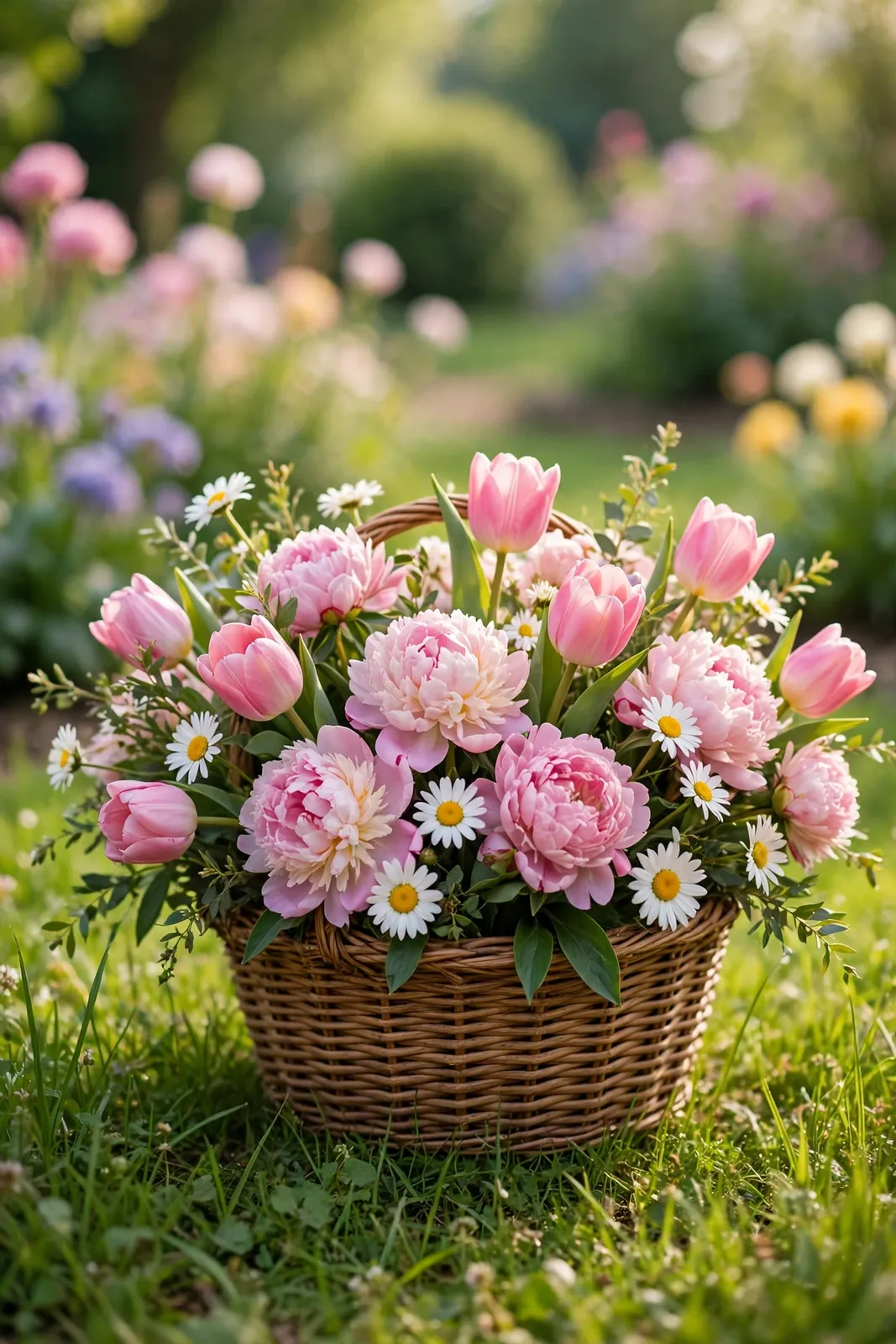 Blumenkorb mit Pfingstrosen und Tulpen im Garten