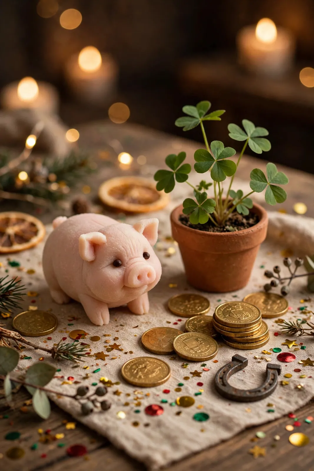 Glücksbringer zu Neujahr: Marzipanschwein, Kleeblatt und Hufeisen