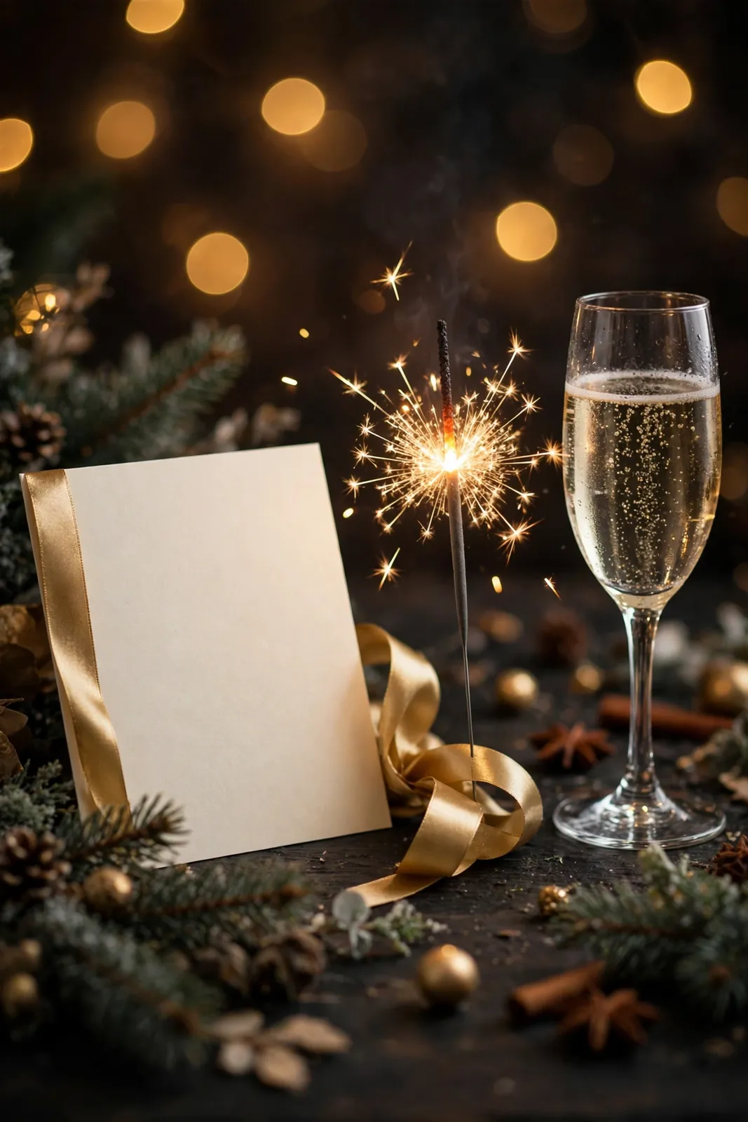Neujahrsgrüße mit Karte, Wunderkerze und Sekt