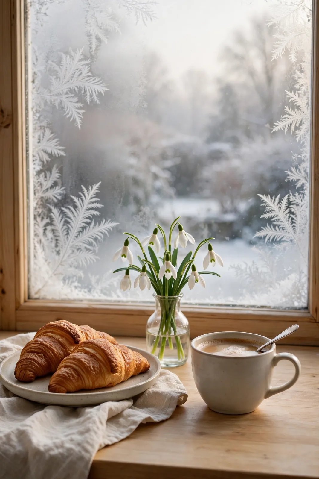 Neujahrsmorgen mit Frühstück und Schneeglöckchen am Fenster