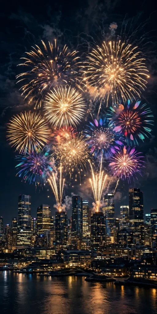 Neujahrswünsche: Feuerwerk über der Stadt um Mitternacht