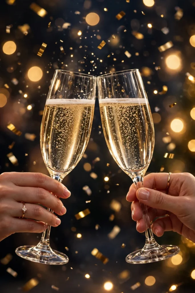 Anstoßen mit Sekt zu Silvester mit goldenem Konfetti