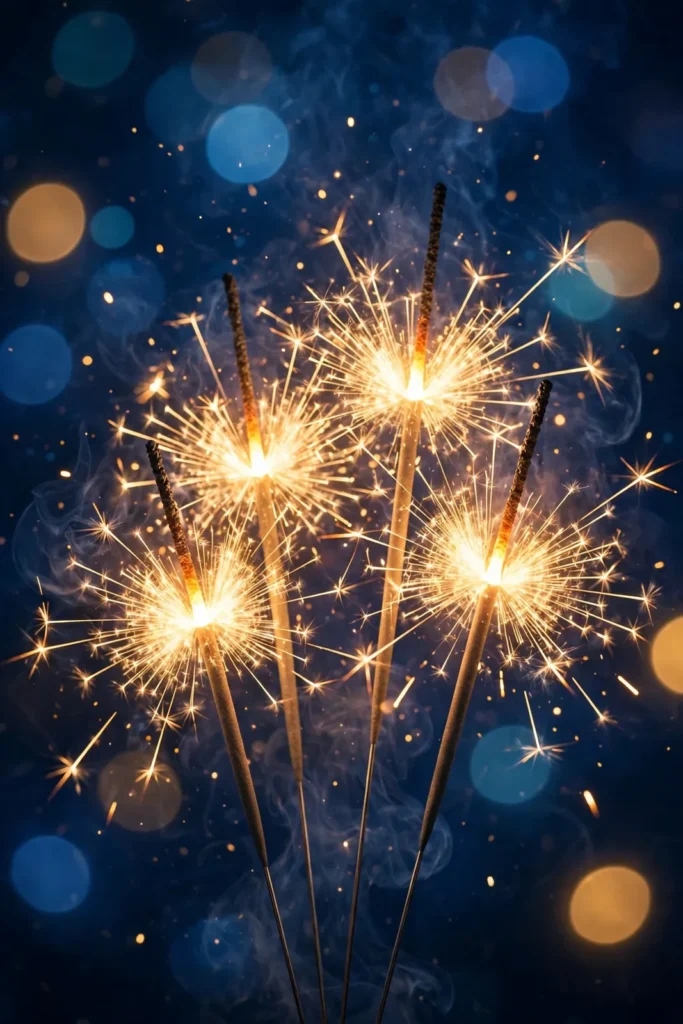 Neujahrswünsche mit Wunderkerzen in der Silvesternacht