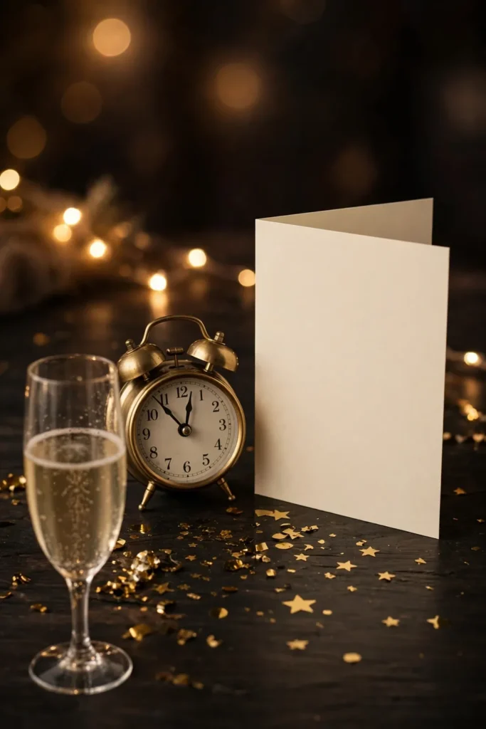 Neujahrskarte mit Uhr kurz vor Mitternacht und Sekt