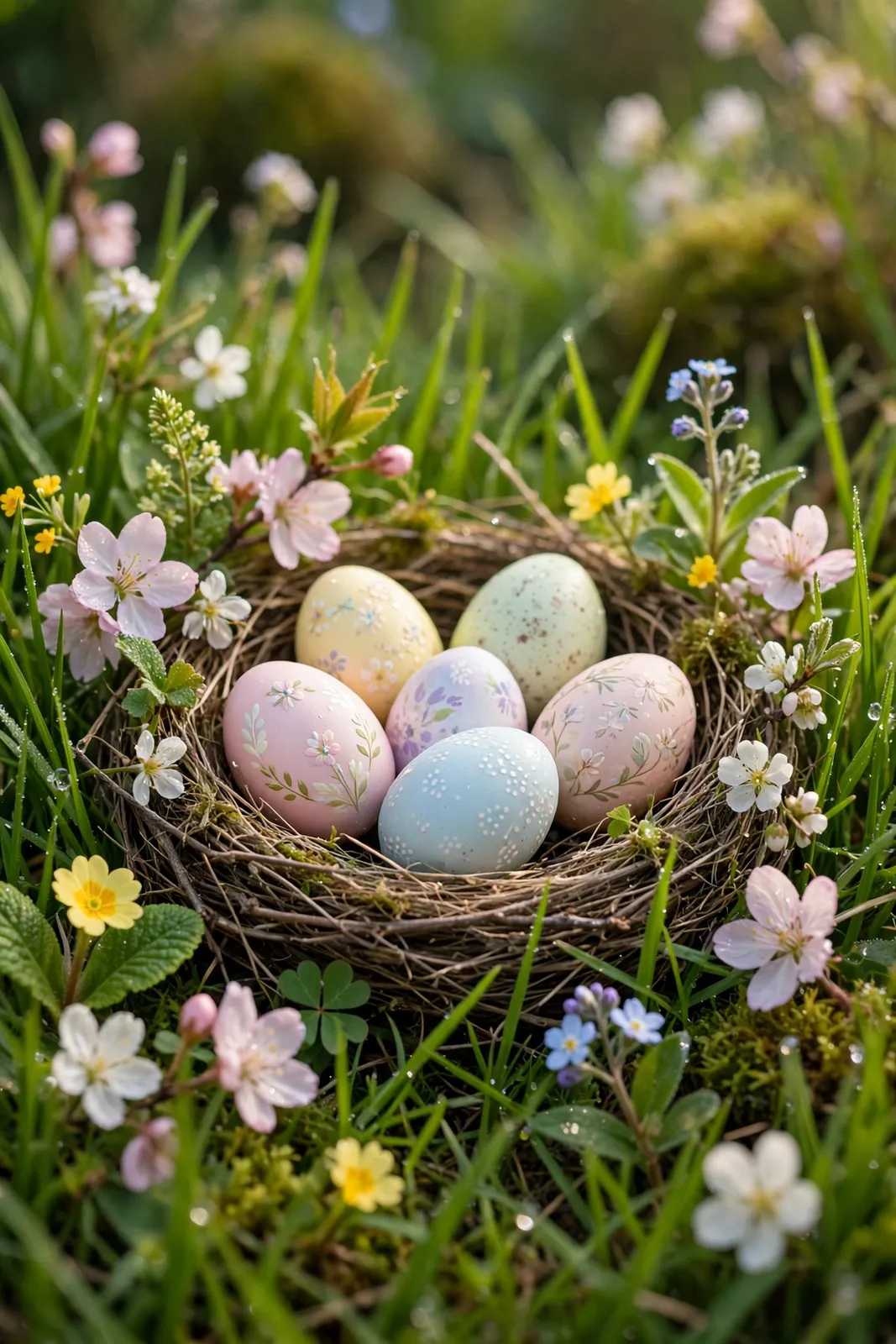 Ostergrüße: Nest mit bemalten Ostereiern im Gras