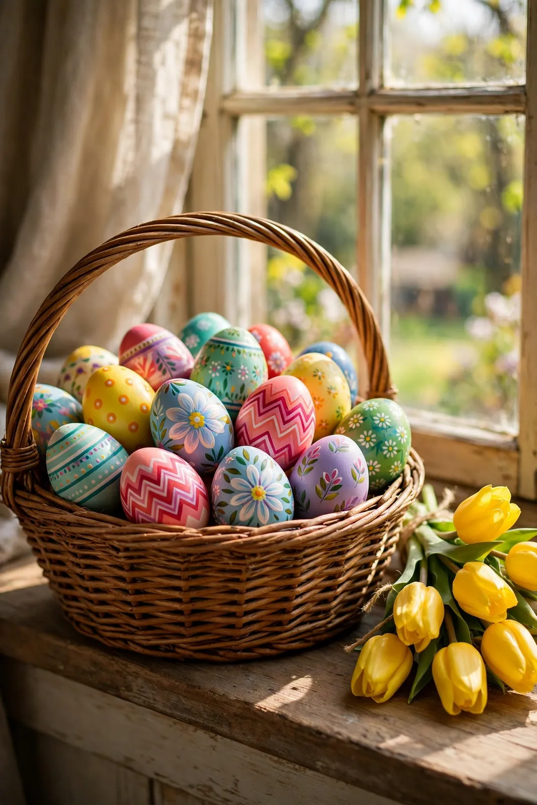 Korb mit handbemalten Ostereiern und Tulpen