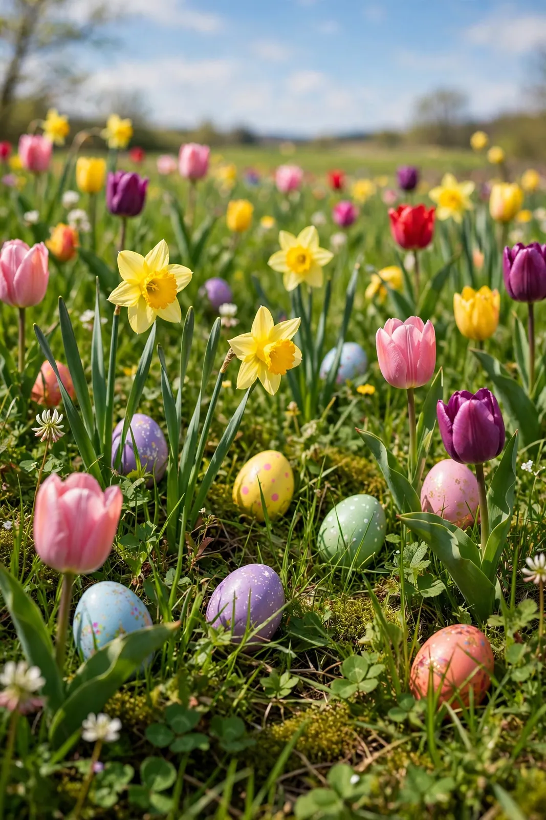 Ostereier zwischen Tulpen auf einer Frühlingswiese