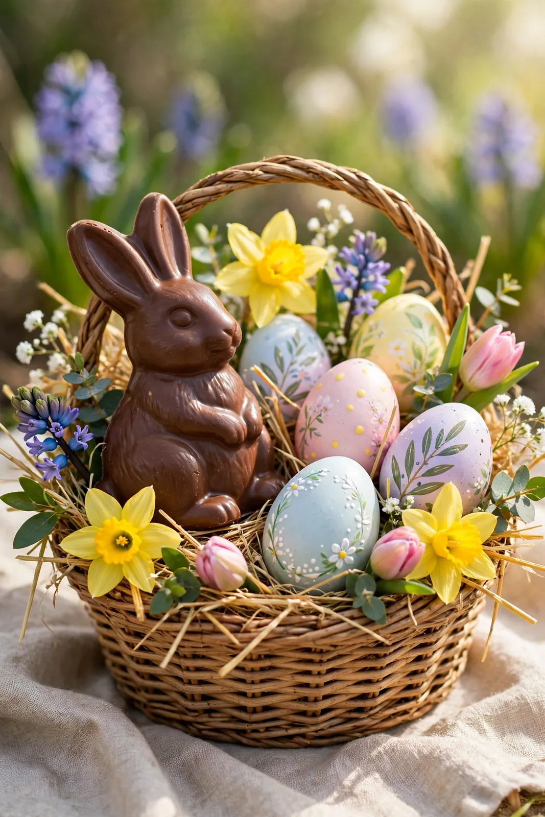 Osterwünsche: Schokohase und Ostereier im Geschenkkorb