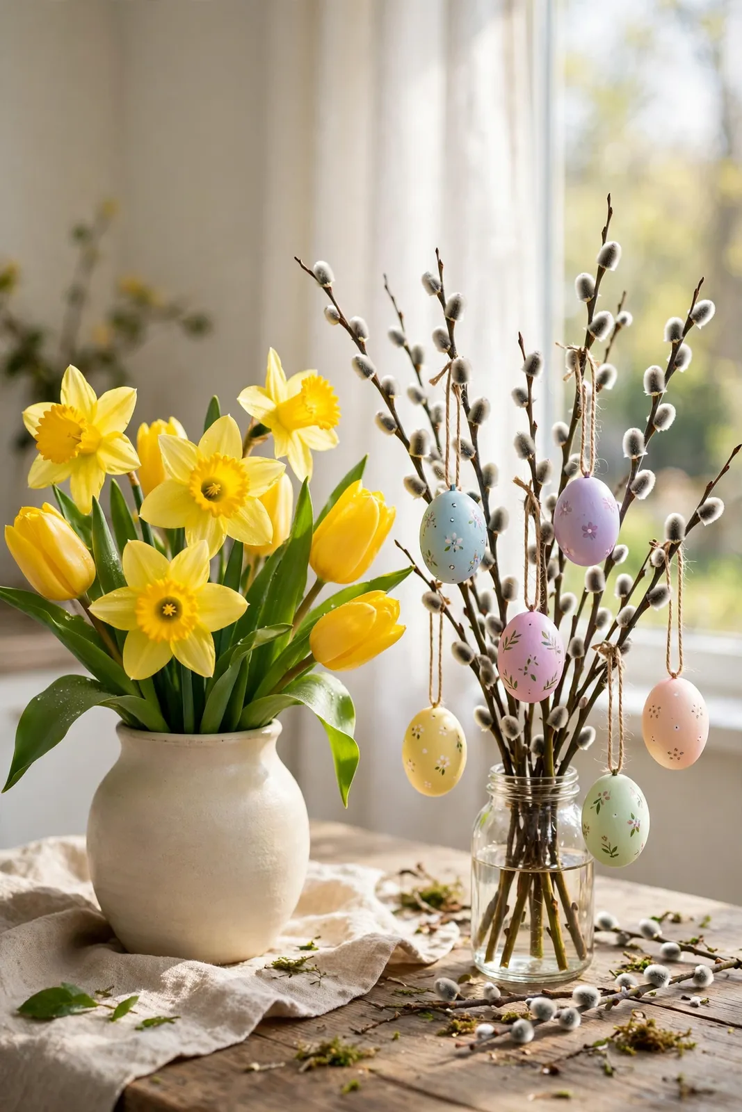 Frühlingsstrauß mit Ostereiern an Weidenzweigen