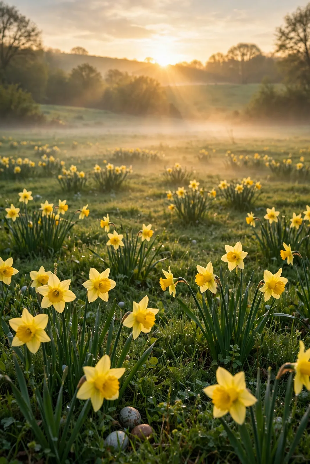 Sonnenaufgang über einer Frühlingswiese zu Ostern