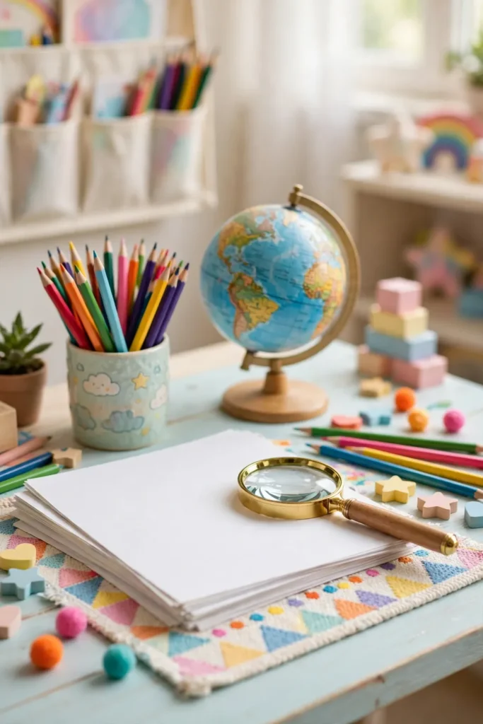 Rätsel für Kinder: Bunter Schreibtisch mit Lupe und Globus