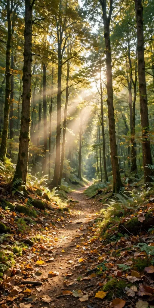 Waldweg mit Sonnenstrahlen als Bild für Lebensweisheiten